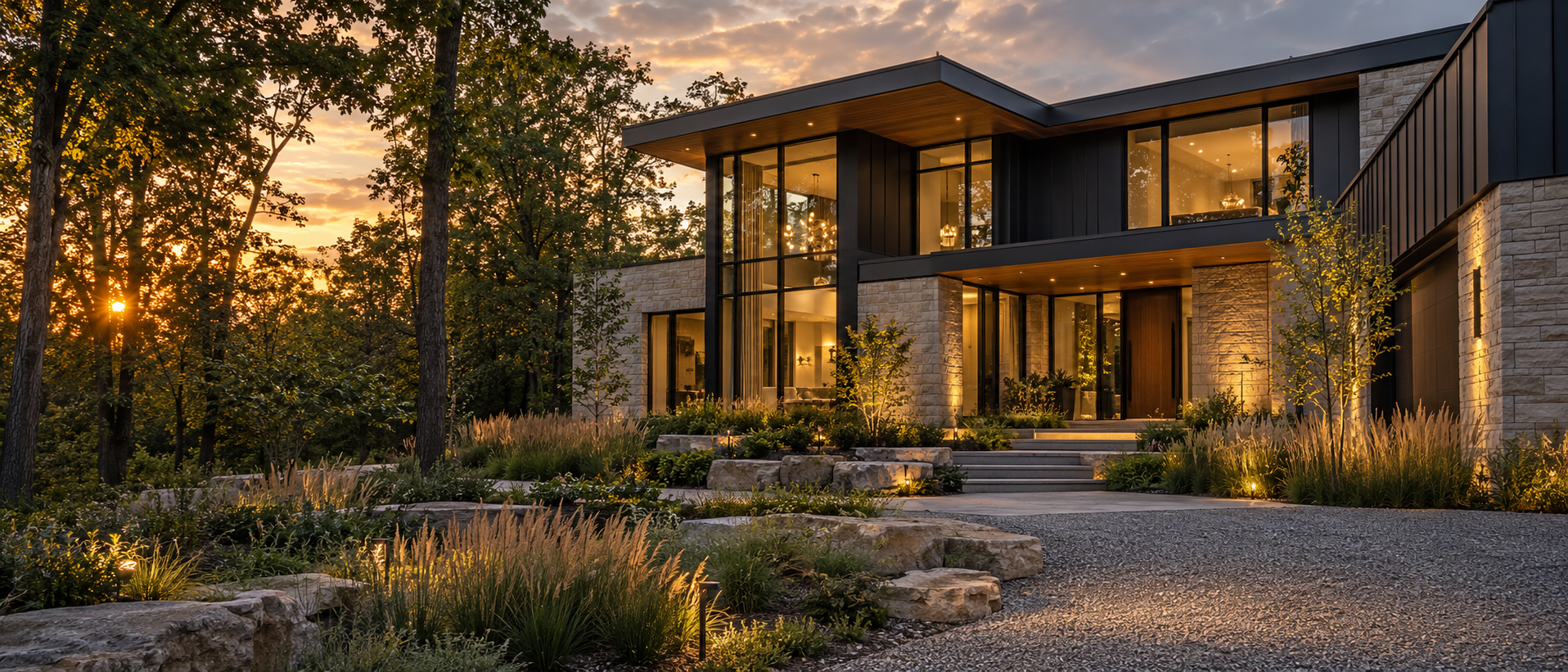 Architectural concept of a contemporary home with stone and charcoal cladding surrounded by trees